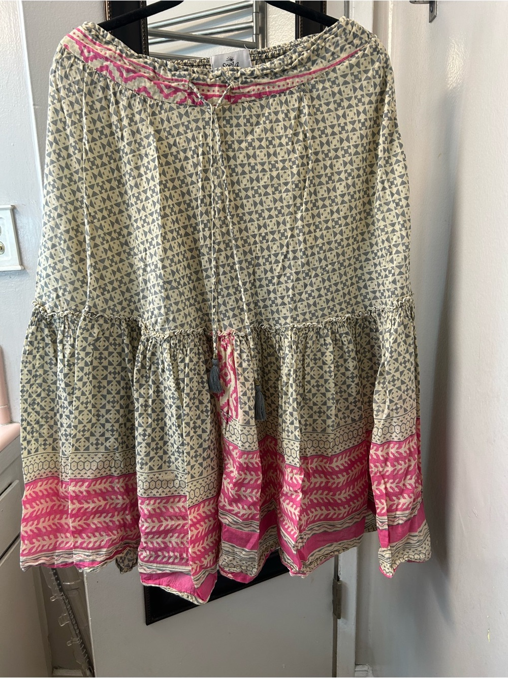 Sotela Boho Tiered Skirt in Pink and Cream with Gray Print